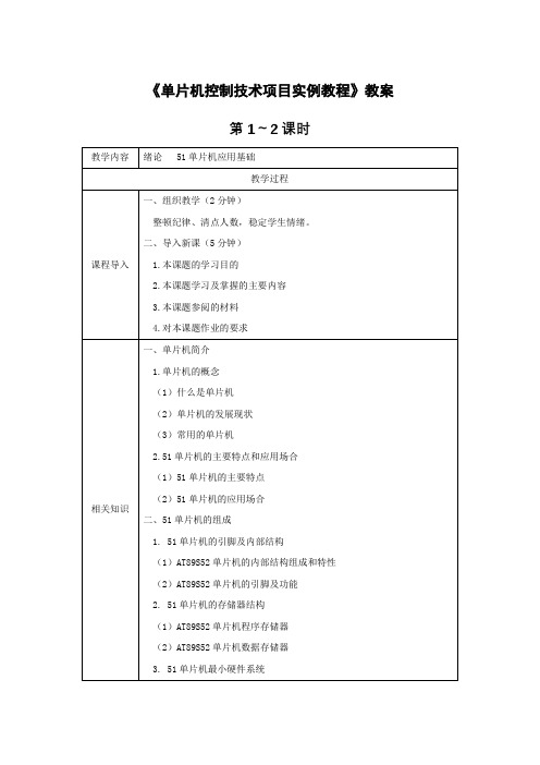 《单片机控制技术项目实例教程》全套教案 完整版授课电子教案 整本书电子讲义 教学讲义(最新)