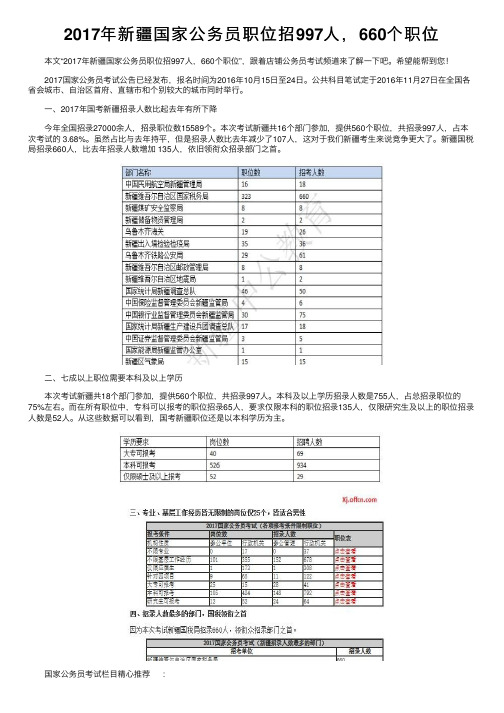 2017年新疆国家公务员职位招997人，660个职位