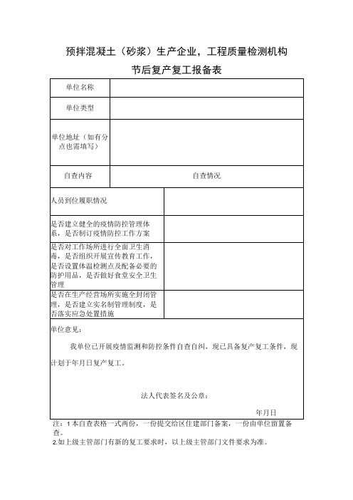 预拌混凝土砂浆生产企业,工程质量检测机构节后复产复工报备表