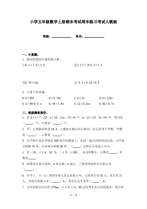 小学五年级数学上册期末考试周末练习考试人教版