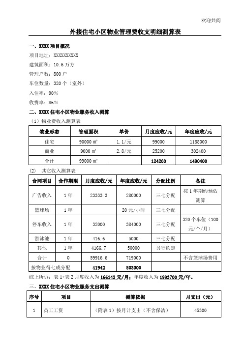 外接住宅小区物业管理费收支明细测算表