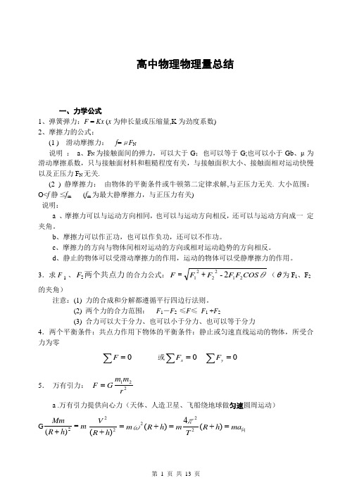 高中物理常见物理量