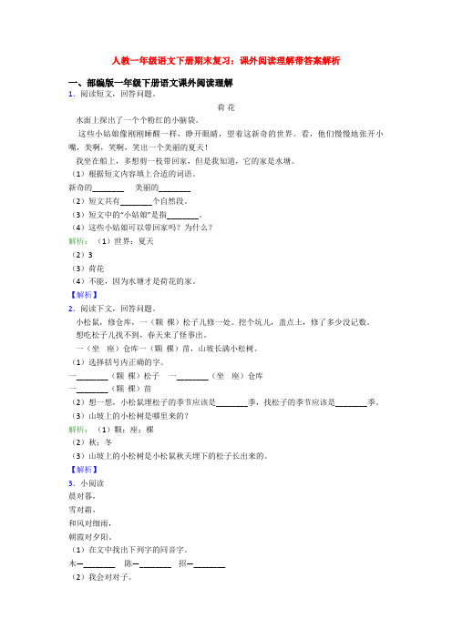 人教一年级语文下册期末复习：课外阅读理解带答案解析