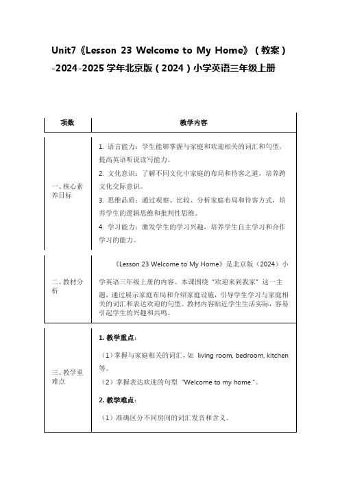 《Lesson 23 Welcome to My Home》(教案)北京版(2024)英语三年级上册