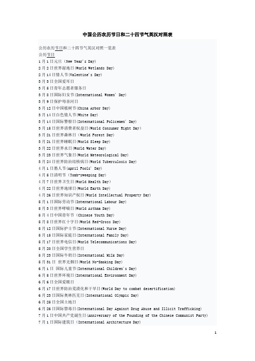 中国公历农历节日和二十四节气英汉对照表