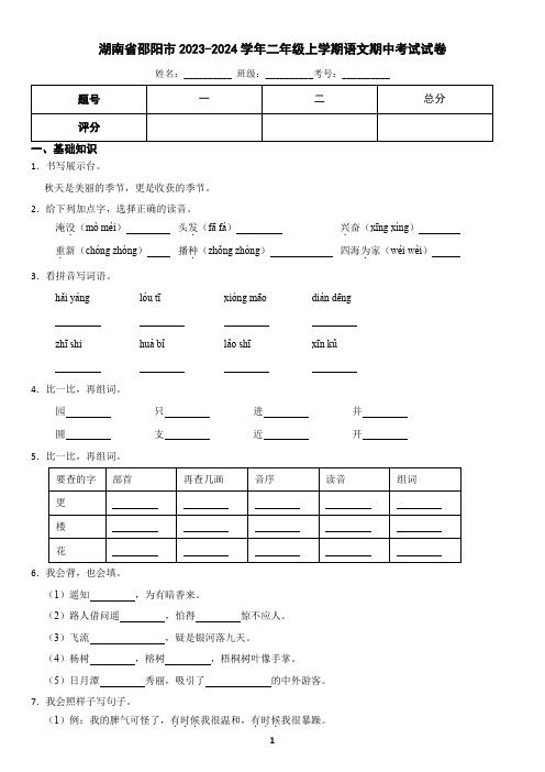 湖南省邵阳市2023-2024学年二年级上学期语文期中考试试卷(含答案)