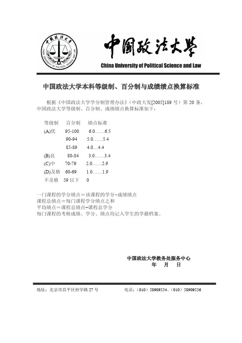 中国政法大学本科等级制百分制与成绩绩点换算标准