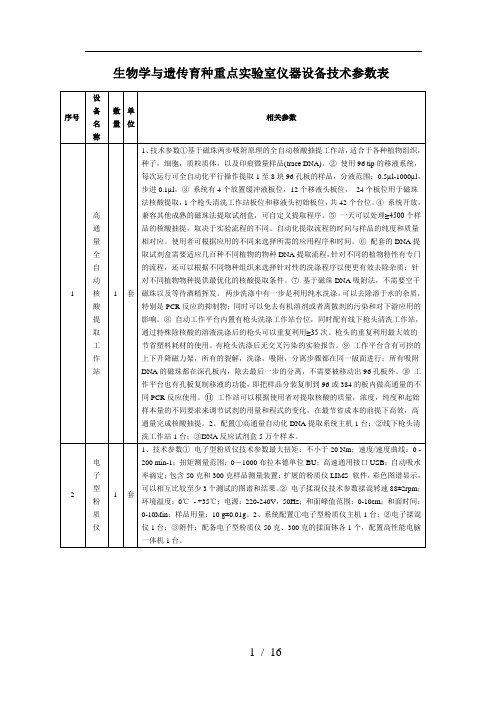 生物学与遗传育种重点实验室仪器设备技术参数表