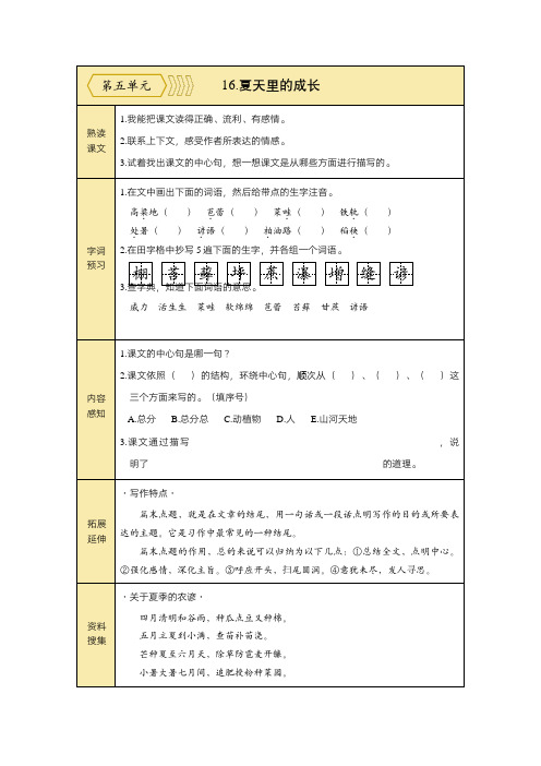 统编语文六年级上预习单(第五、六单元)