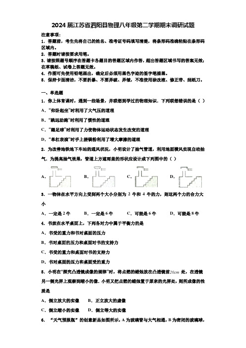 2024届江苏省泗阳县物理八年级第二学期期末调研试题含解析