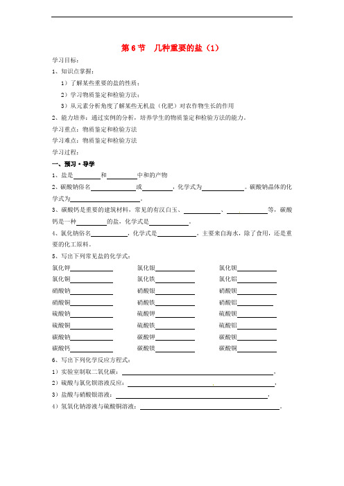 九年级科学上册 1.6 几种重要的盐(1)导学案(无答案)(新版)浙教版