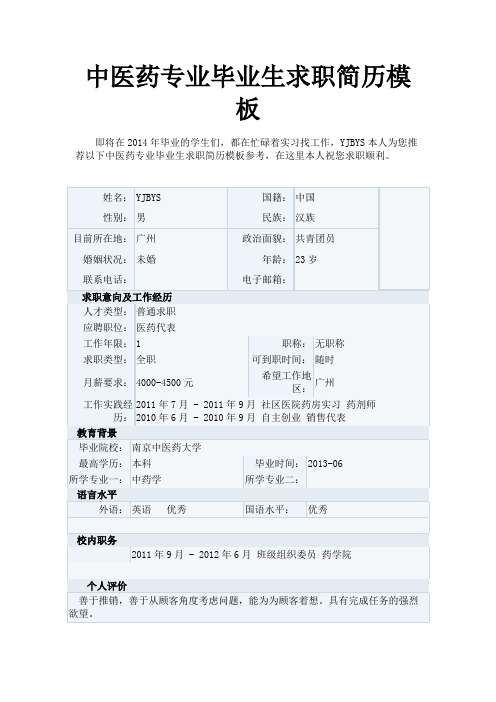 中医药专业毕业生求职简历模板