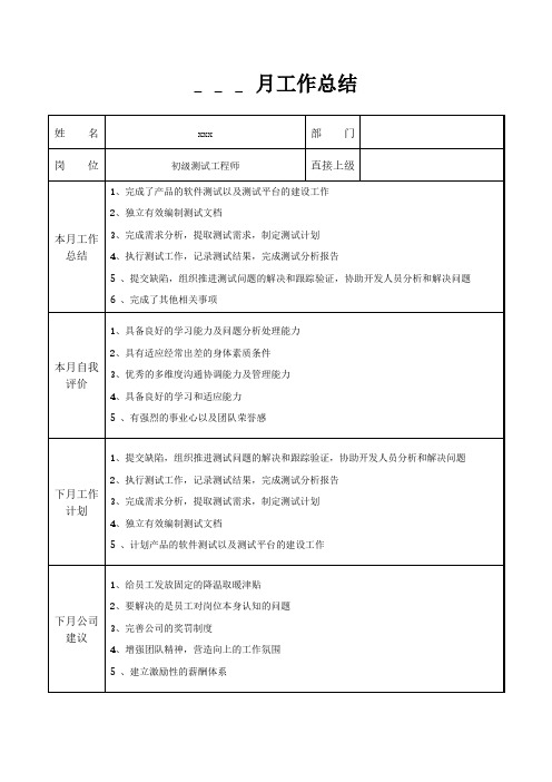 初级测试工程师月工作总结