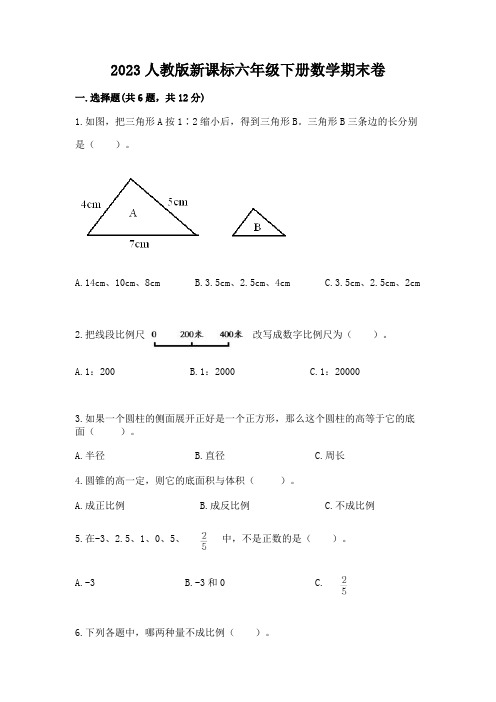 2023人教版新课标六年级下册数学期末卷附参考答案(实用)