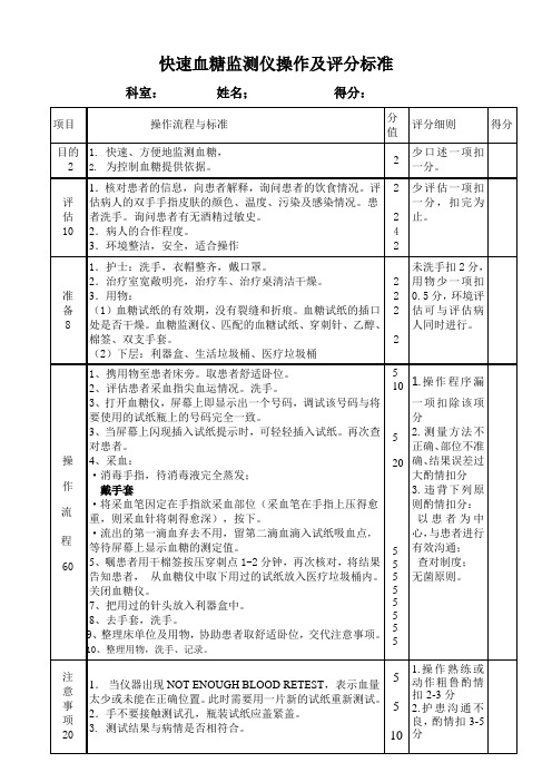 快速血糖监测仪操作及评分标准