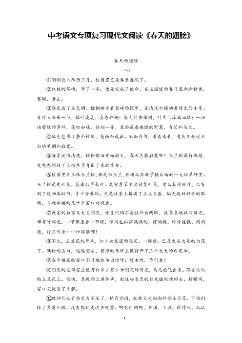 中考语文专项复习现代文阅读《春天的翅膀》含答案