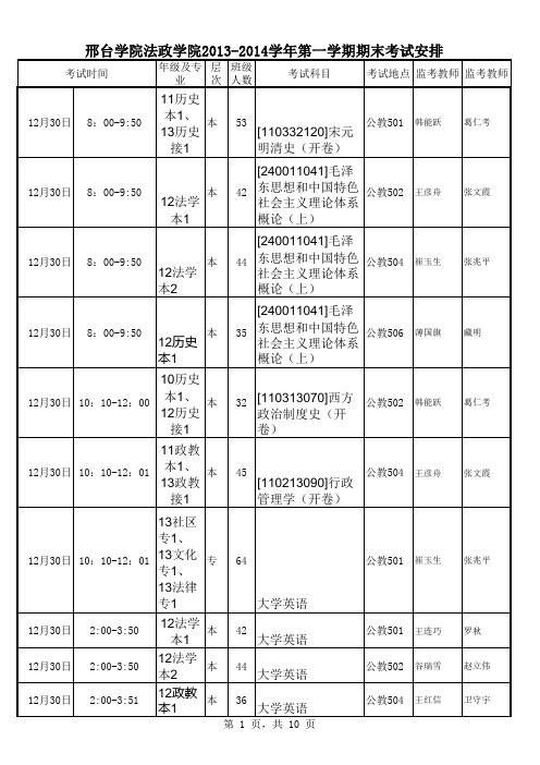 法政学院13-14学年第一学期考试安排