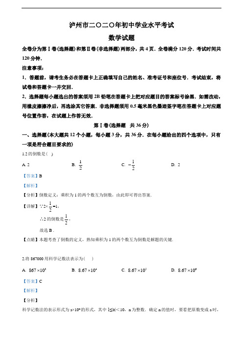 2020年四川省泸州市中考数学真题(教师版含解析)