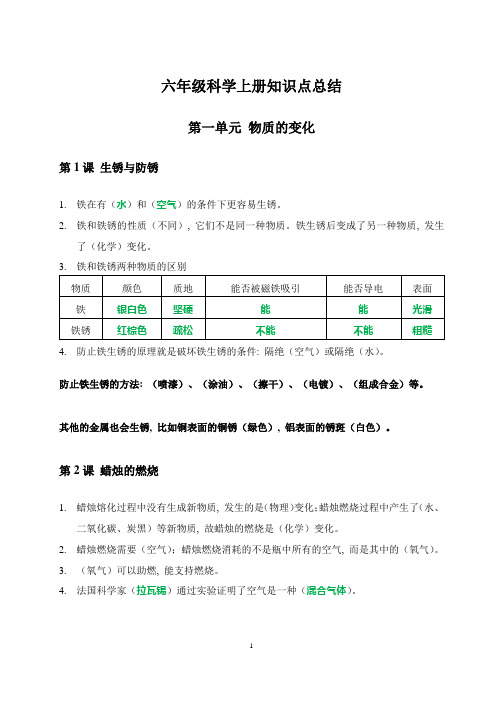 人教鄂教版六年级科学上册知识点总结