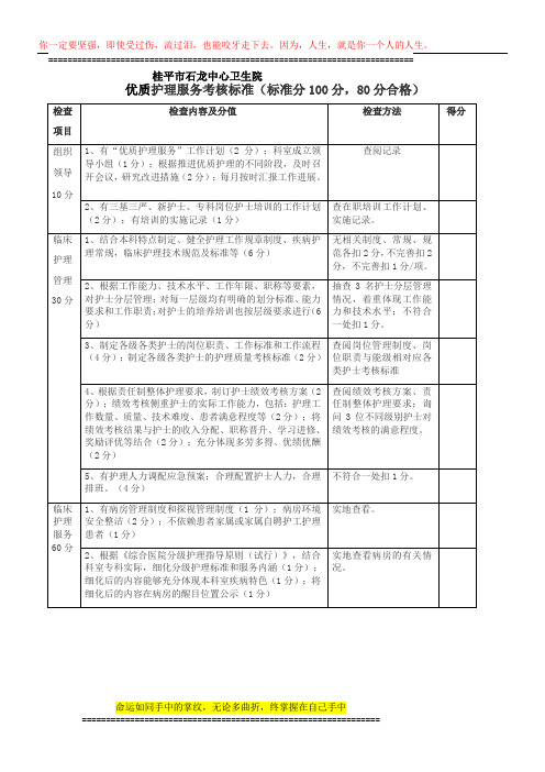 2014年优质护理服务质量考核标准