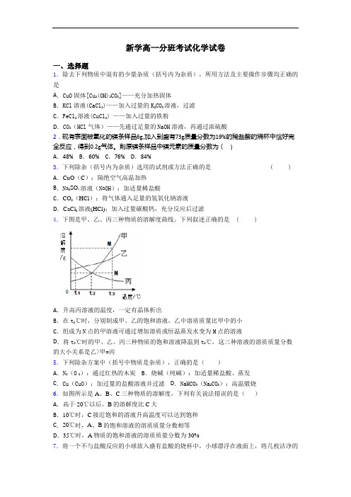 新学高一分班考试化学试卷