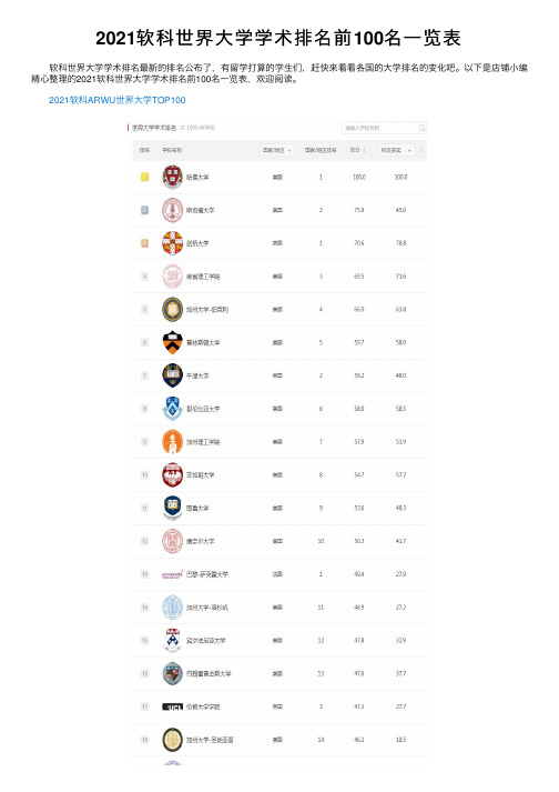 2021软科世界大学学术排名前100名一览表
