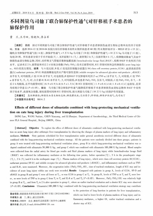 不同剂量乌司他丁联合肺保护性通气对肝移植手术患者的肺保护作用