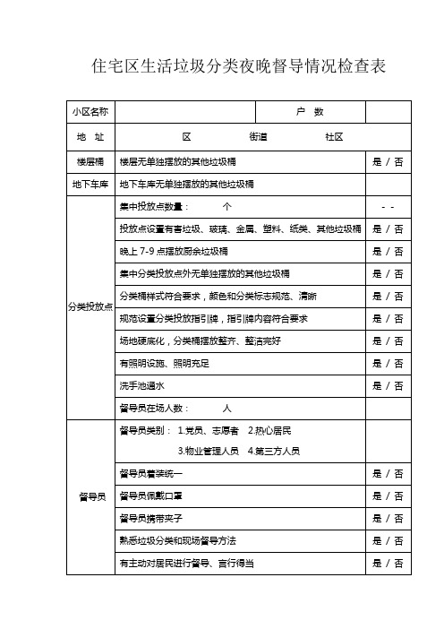 住宅区生活垃圾分类夜晚督导情况检查表