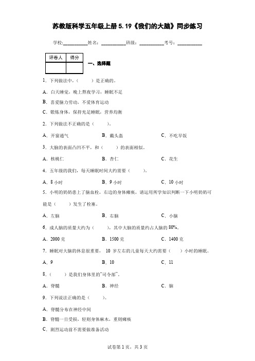 苏教版科学五年级上册5.19《我们的大脑》同步练习