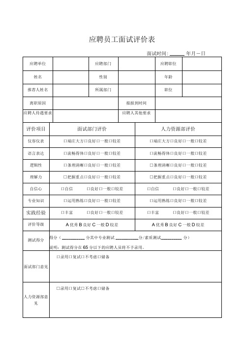 应聘员工面试评价表