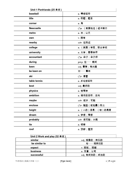 牛津英语上海版八年级(上)家默单词表