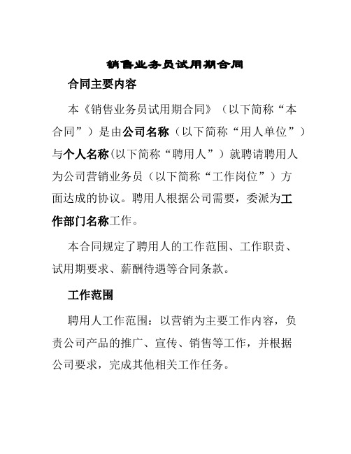 销售业务员试用期合同