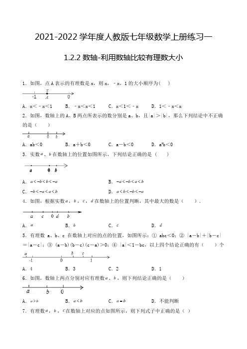 七年级数学上册1.2.2 数轴-利用数轴比较有理数大小 选择题专项练习一(人教版,含解析)