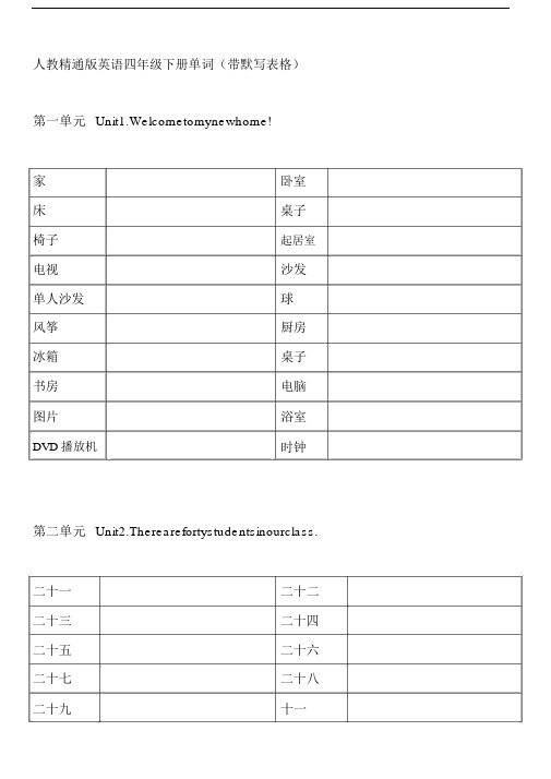 人教精通版小学英语四年级下册单词表(带默写表格)(20200302225111)