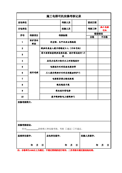 施工电梯司机实操考核记录表