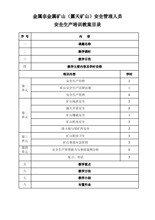 金属非金属矿山(露天矿山)安全管理人员安全管理人员培训教案目录(新训)