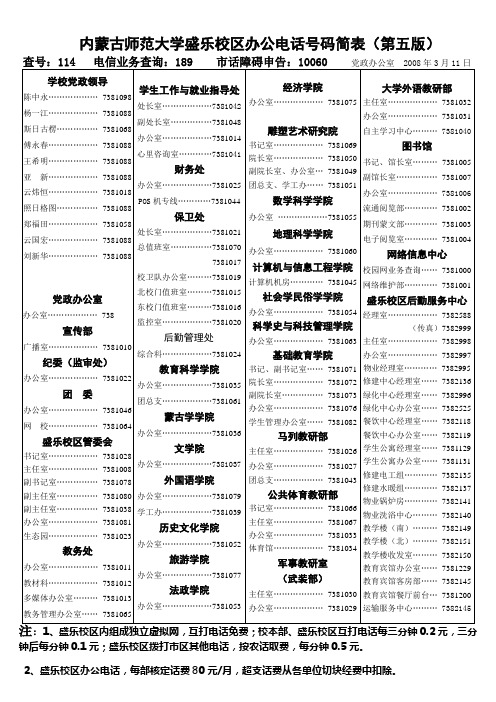 内蒙古师范大学盛乐校区办公电话号码简表(第五版)