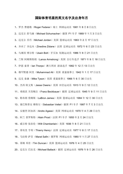 国际体育明星的英文名字及出身年月