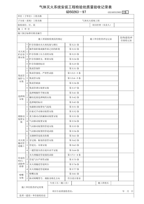 气体灭火系统安装工程检验批质量验收记录表