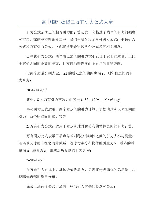 高中物理必修二万有引力公式大全