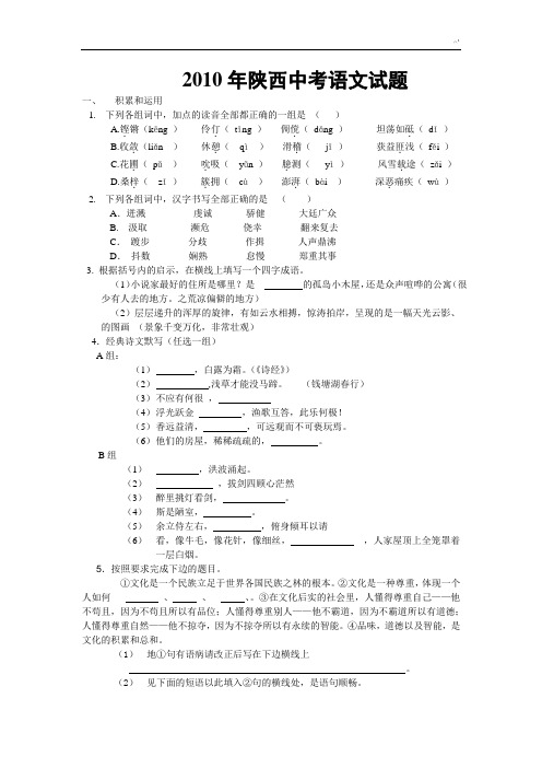 2010年陕西中考语文试题及标准答案