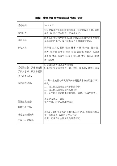 闽侯一中学生研究性学习活动过程记录表6