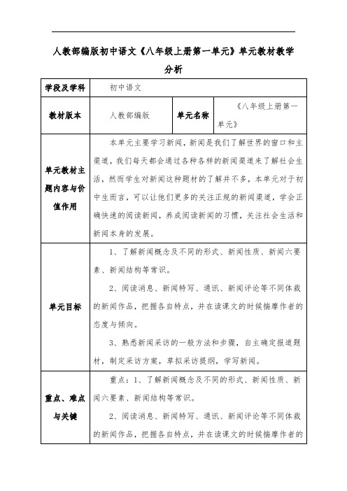 人教部编版初中语文《八年级上册第一单元》单元教材教学分析