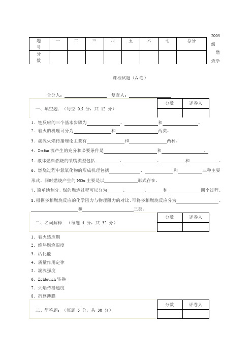 2003级燃烧学考试题