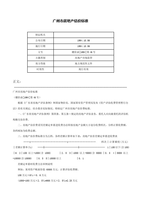 广州市房地产估价标准-穗价函[1994]第46号