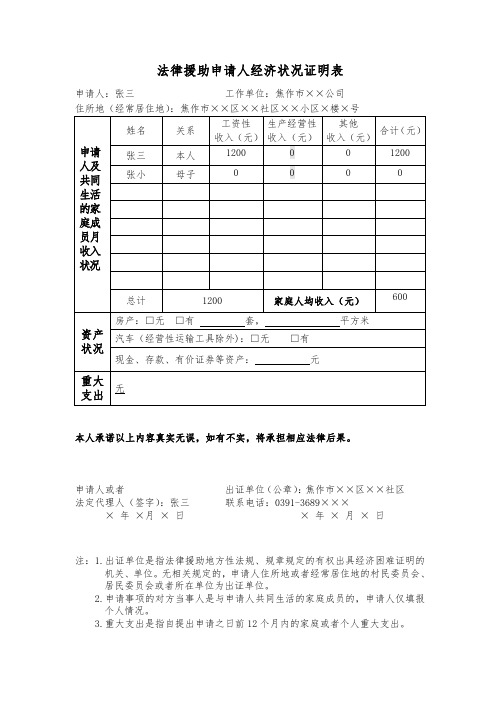 法律援助申请人经济状况证明表