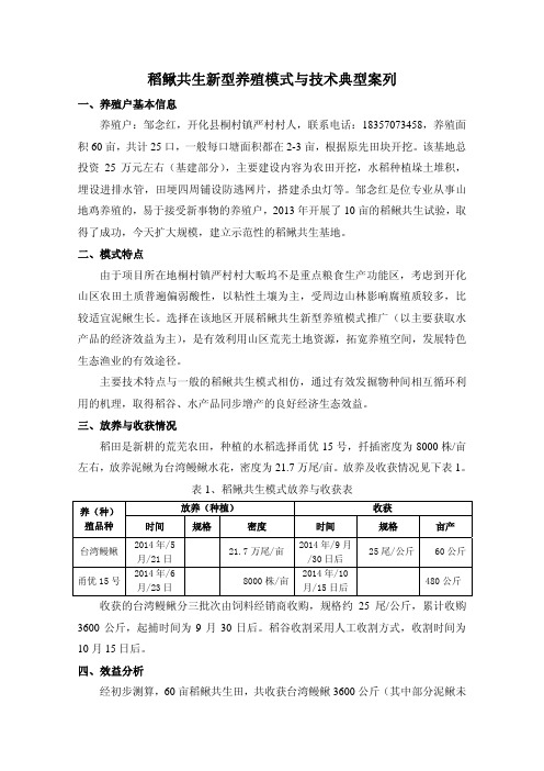 稻鳅共生新型养殖模式与技术典型案列