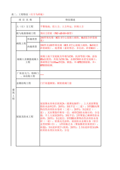 工程特征表样板