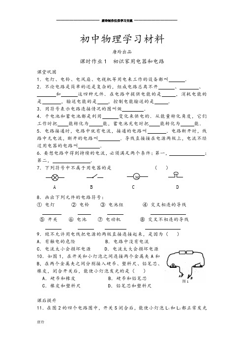 苏科版九年级物理上册：第13章电路初探课时作业1初识家用电器和电路.docx