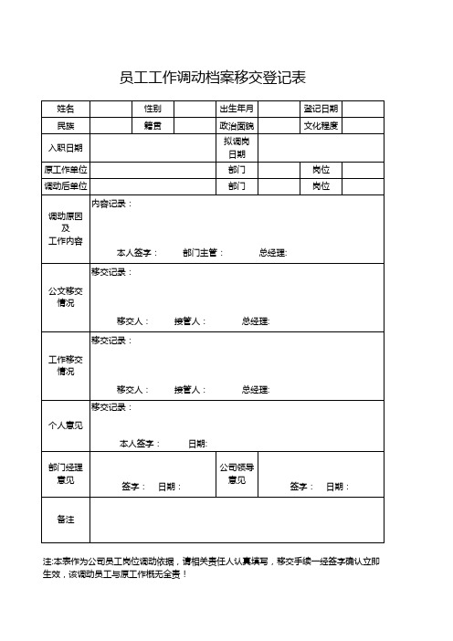 员工工作调动档案移交登记表